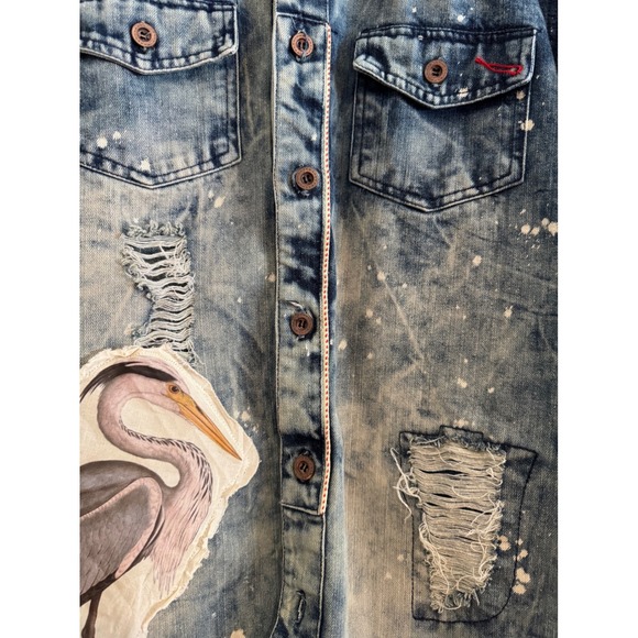 Upcycled/Reworked Denim Jacket| Vintage Heron, Cat, & Bow Patchwork| Boho| Large - Picture 10 of 13